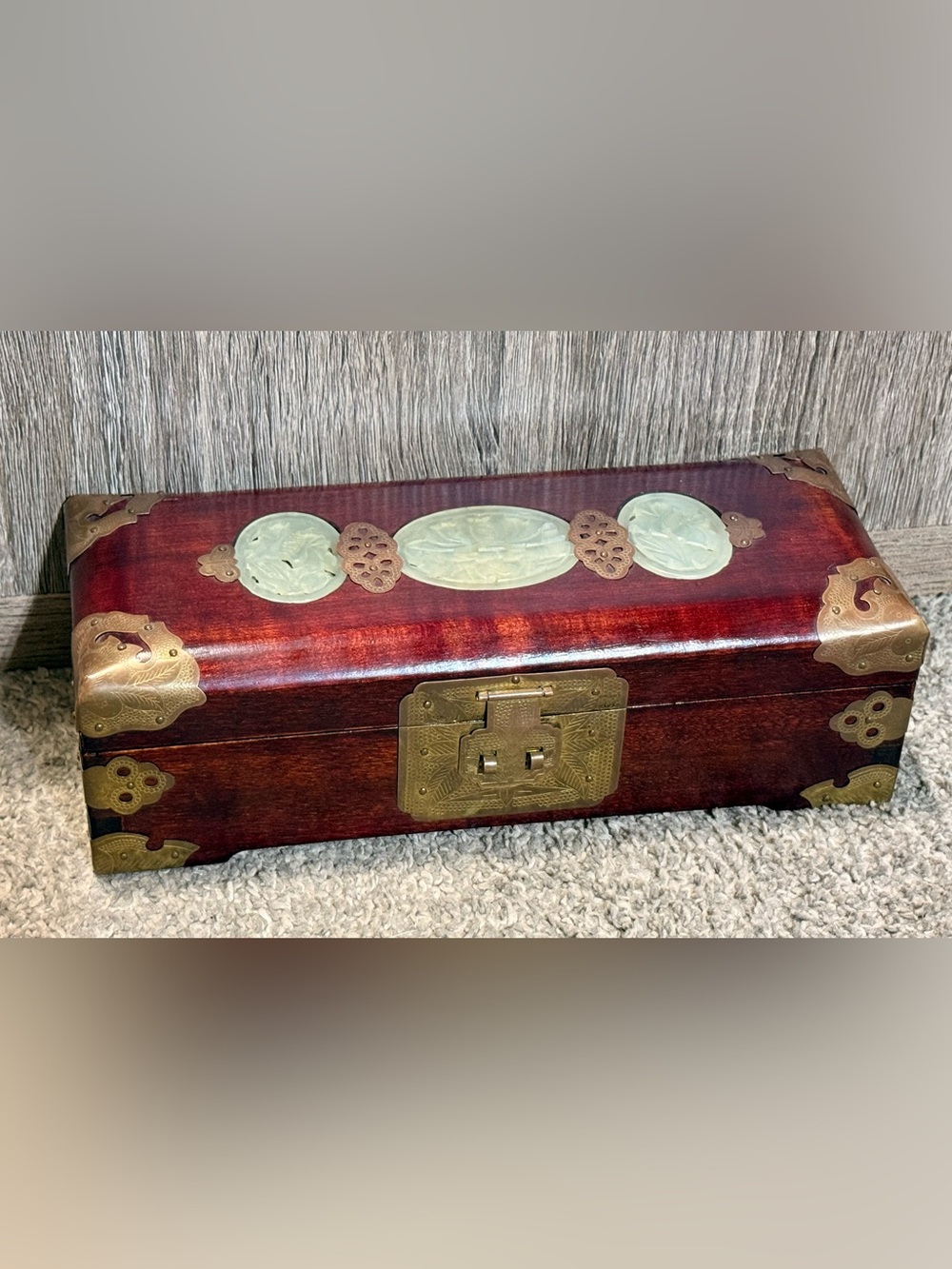 Vintage-Style Brown Wooden Jewelry Box with Brass and Jade Accents